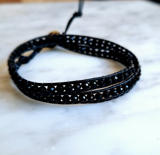 Black bead two wrap on black leather