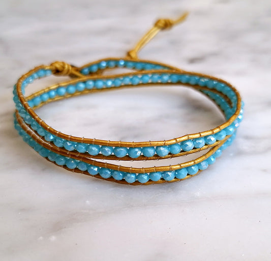 Turquoise Two wrap on gold leather