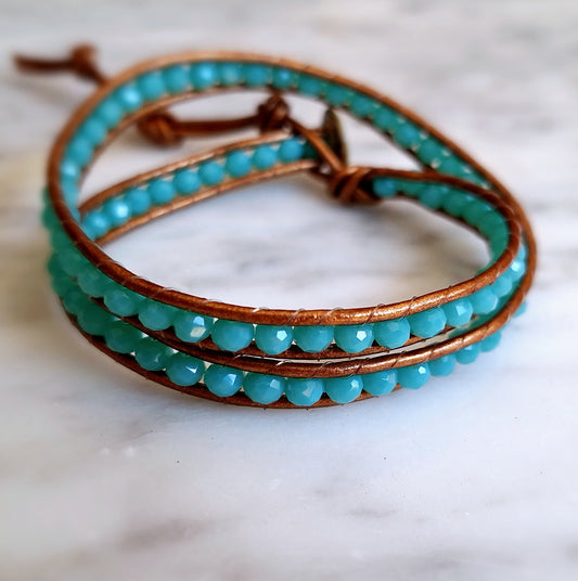 Dark Turquoise medium bead two wrap bracelet on copper leather