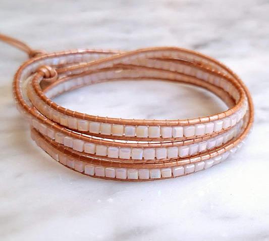 Soft pink square bead three wrap on rose gold leather