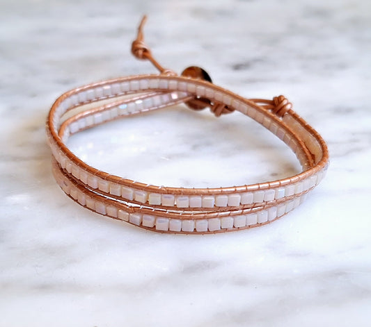 Soft pink square bead two wrap on rose gold leather