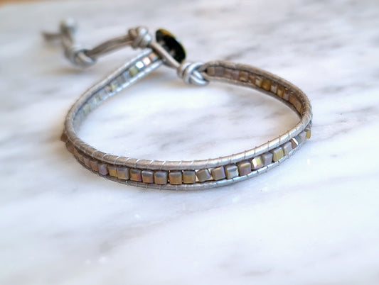 Taupe square bead one wrap bracelet on silver leather