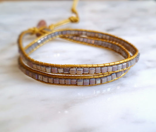 Taupe square bead two wrap on gold leather