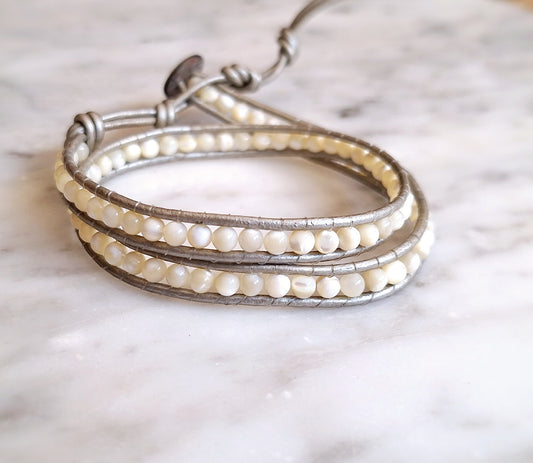 Natural shell bead two wrap on silver leather