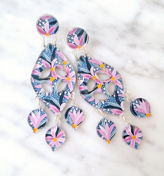 Large pink and blue earrings