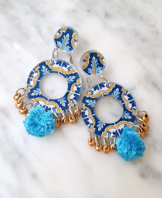 Large hoop tile earrings with floofy component