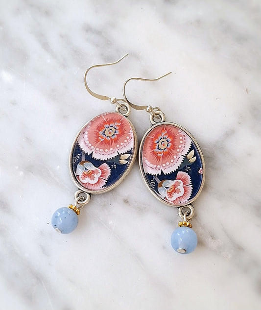 Large Oval earrings with pink and blue pattern