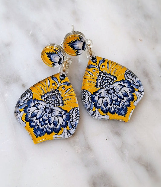 Yellow and blue shield earrings