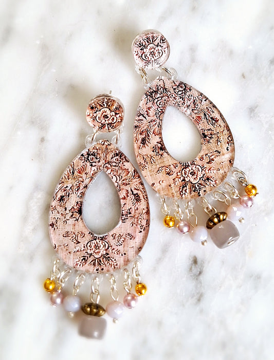 Large drops in pink embroidery earrings