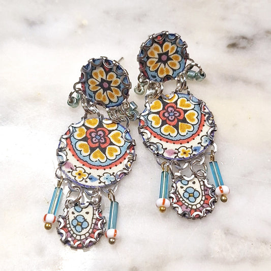 2403 Floral 3 tier earrings with fabric