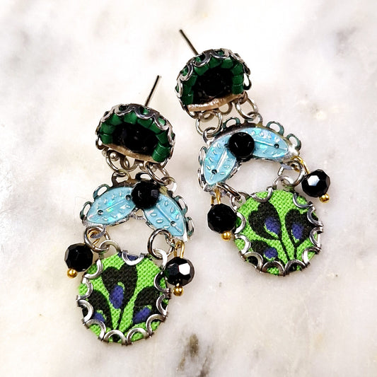 2411 Green floral fabric earrings