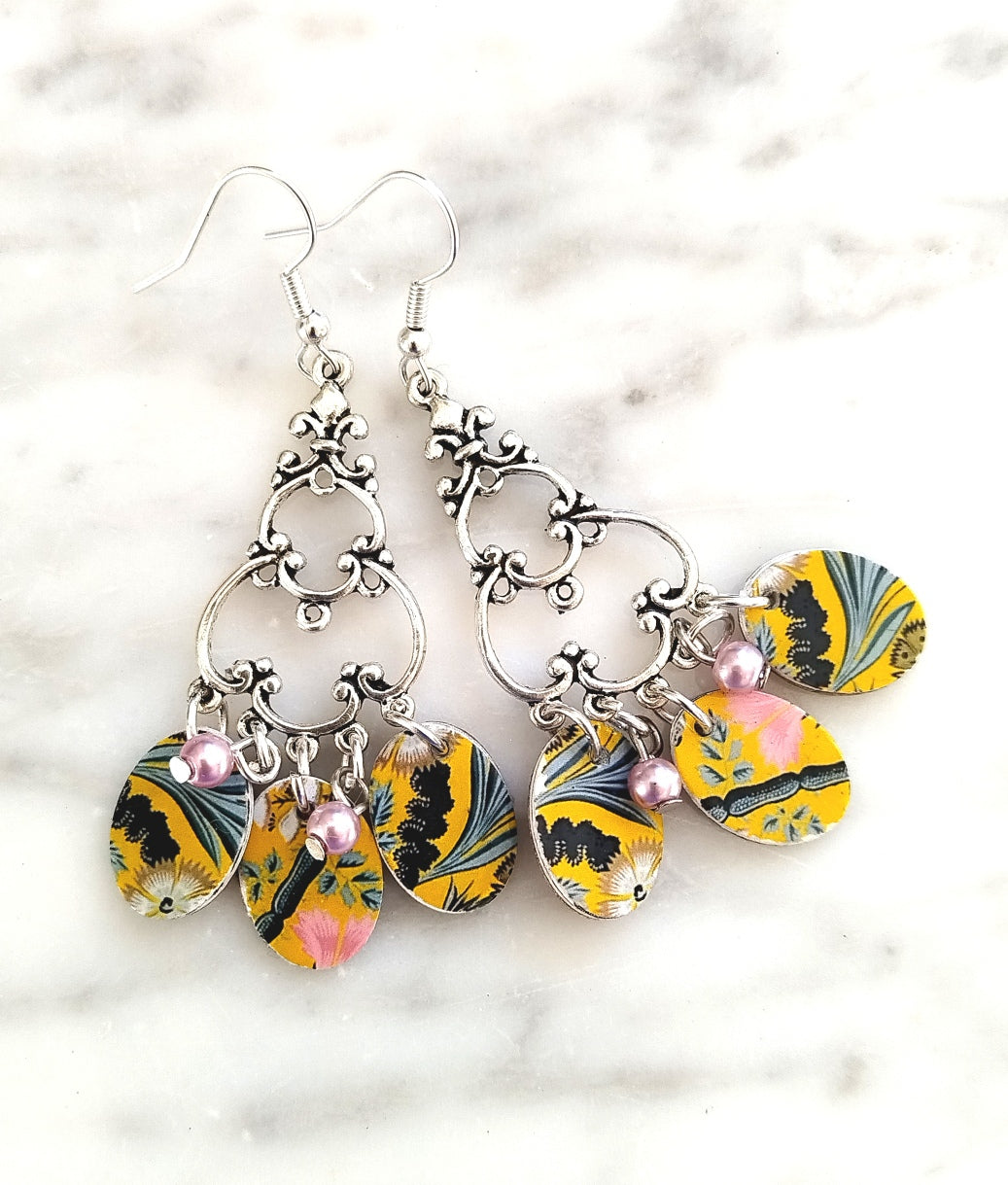 Silver coloured chandelier earrings with yellow dangles