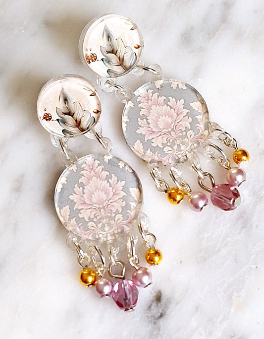 Dusty Pink Damask round earrings