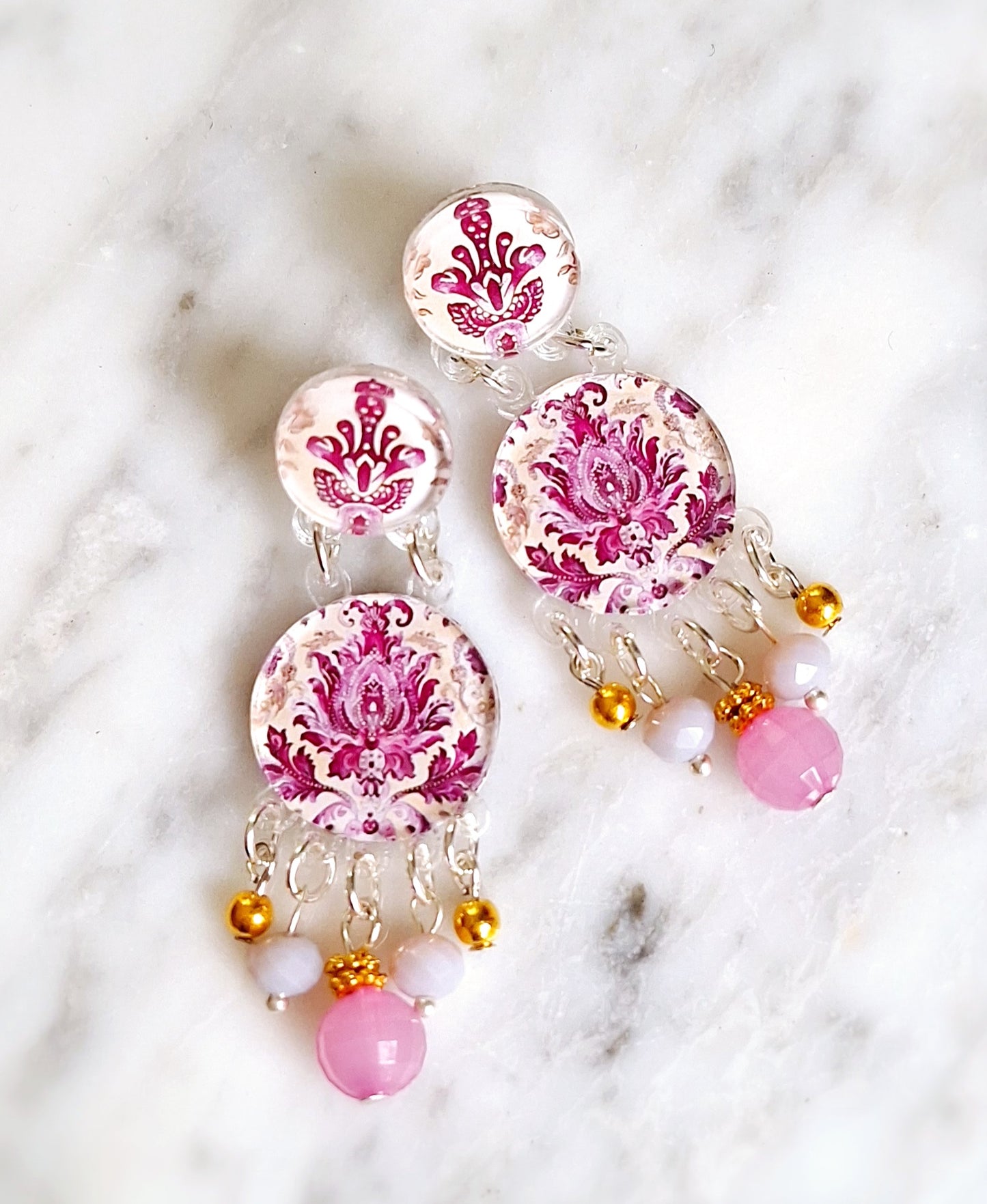 Hot Pink Damask round earrings