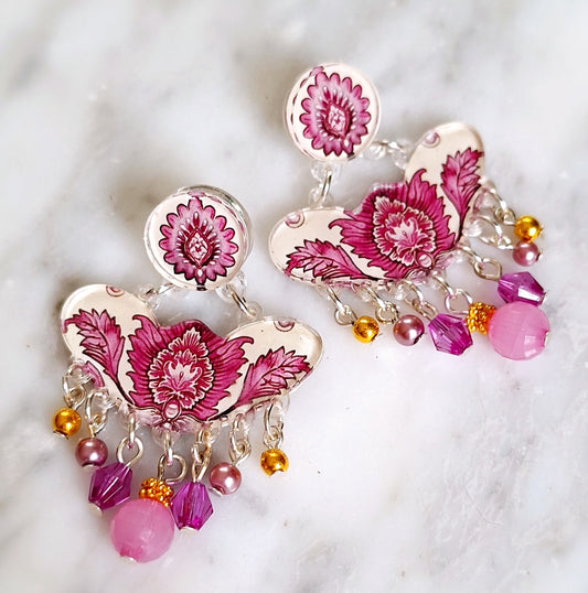 Pink Damask butterfly shaped earrings
