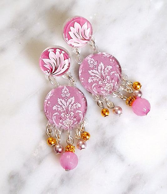 Pink Damask round earrings