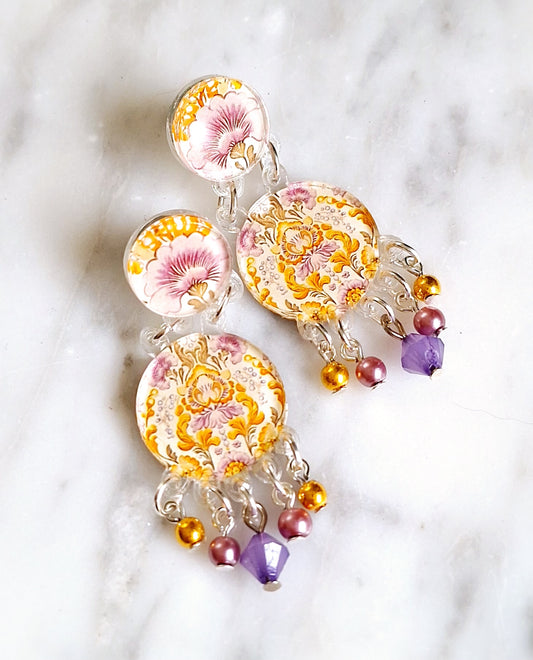Yellow damask round earrings
