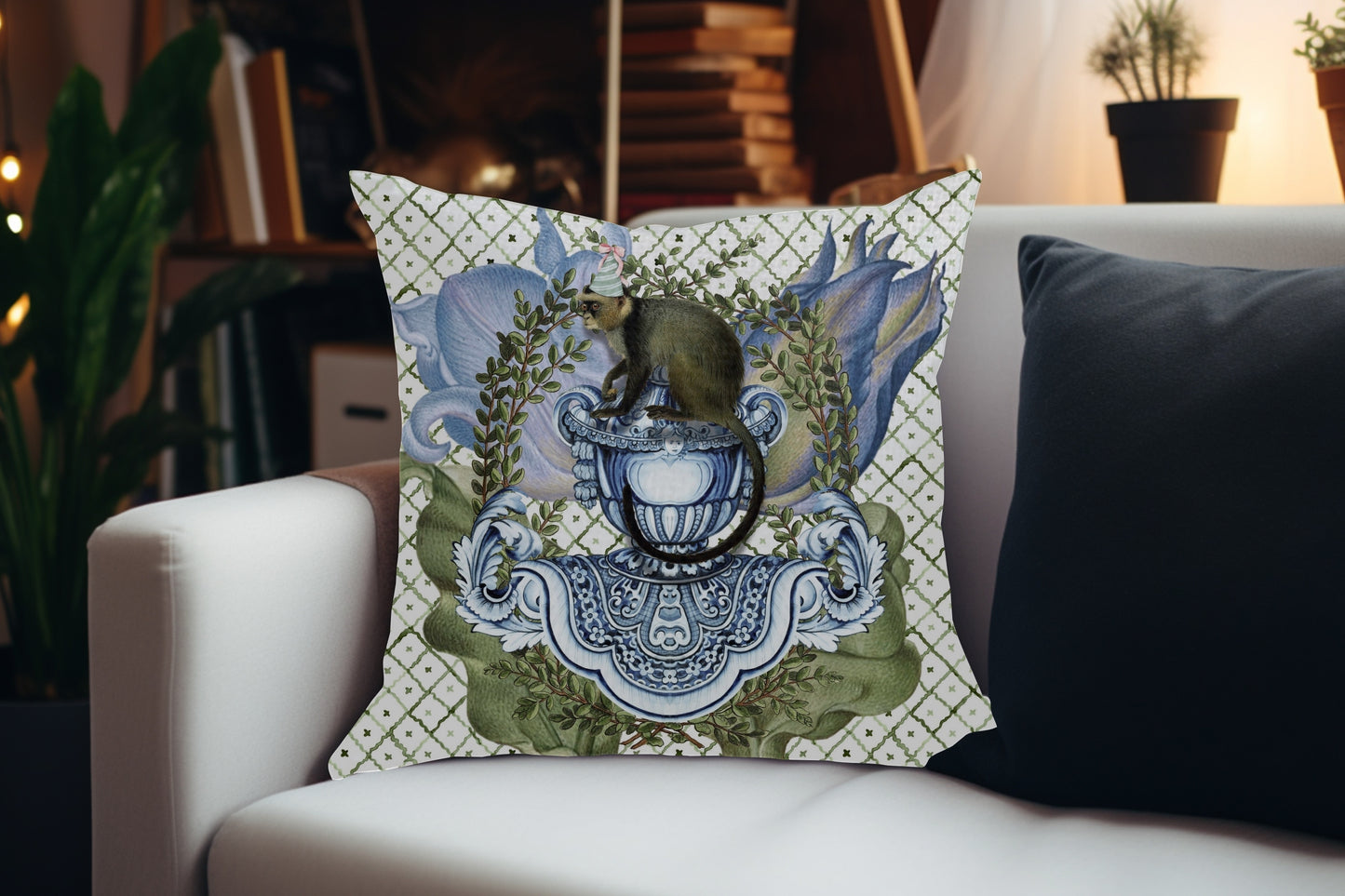 Velvet Cushion Cover – 60 × 60 cm African Baroque, Delft Monkey