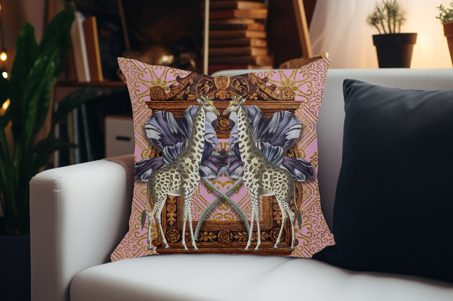 Velvet Cushion Cover – 60 × 60 cm African Baroque, Giraffe